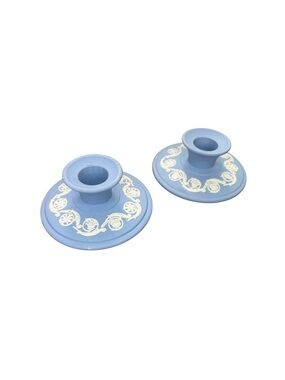 Vintage Wedgwood Portland Blue Jasperware Candlestick Holders Pair England 1976